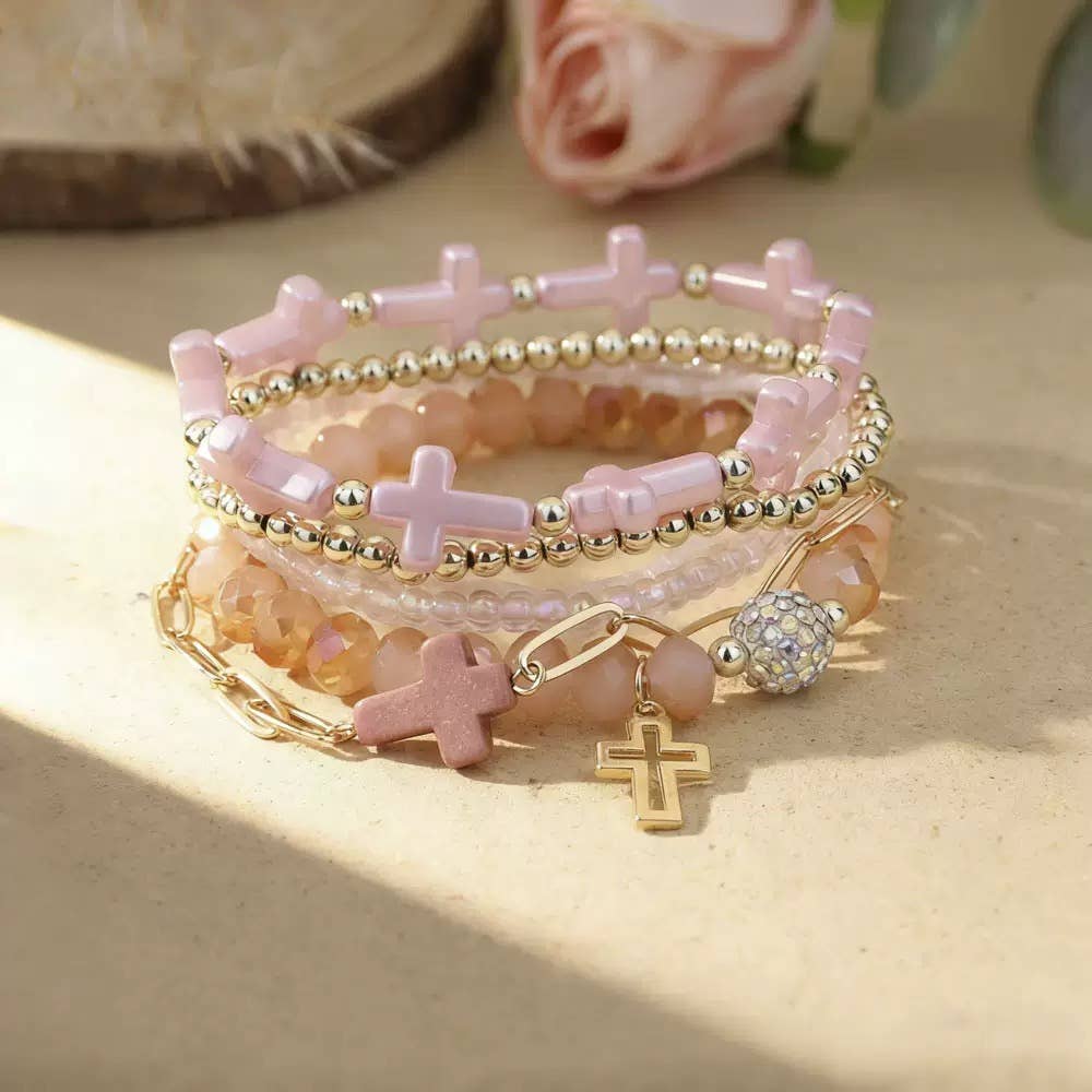 Pink Cross Christian Stackable Bracelets