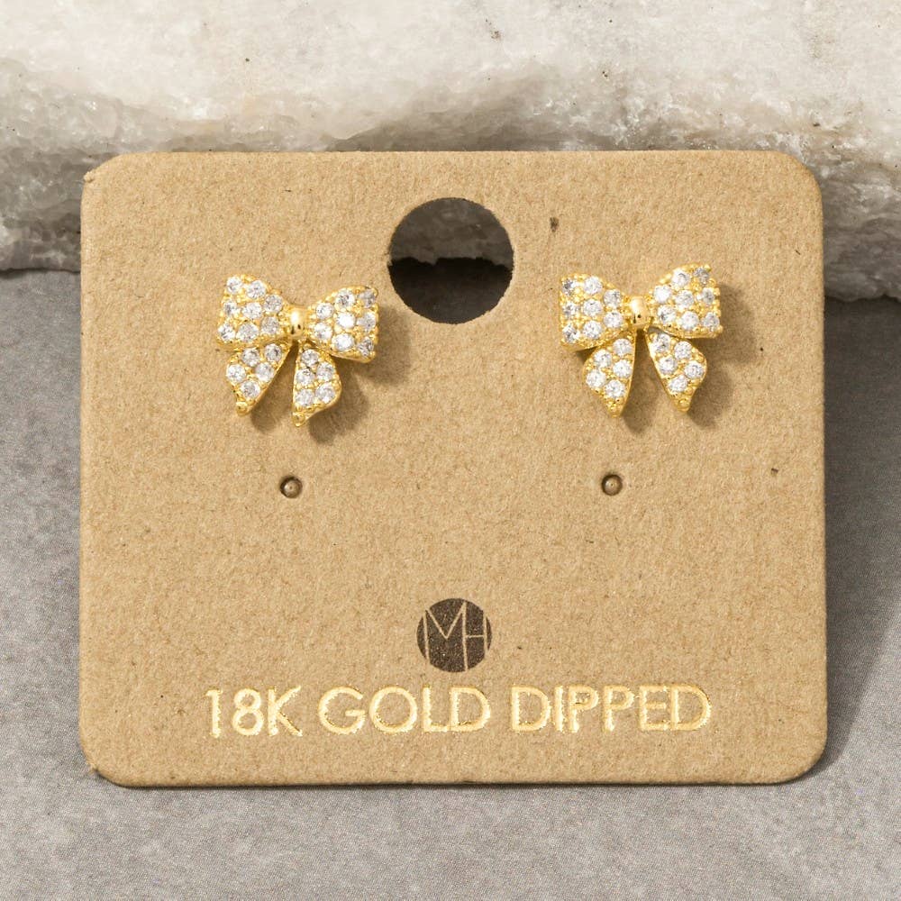 Gold Dipped Cz Pave Bow Ribbon Stud Earrings