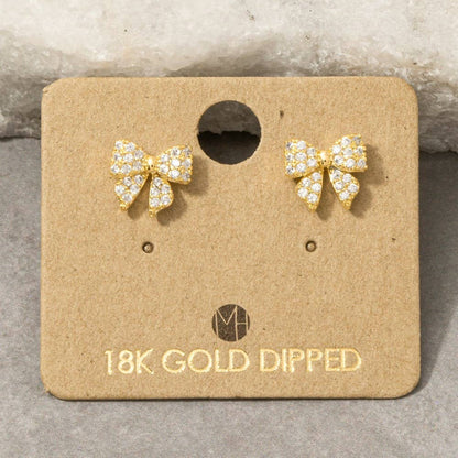 Gold Dipped Cz Pave Bow Ribbon Stud Earrings