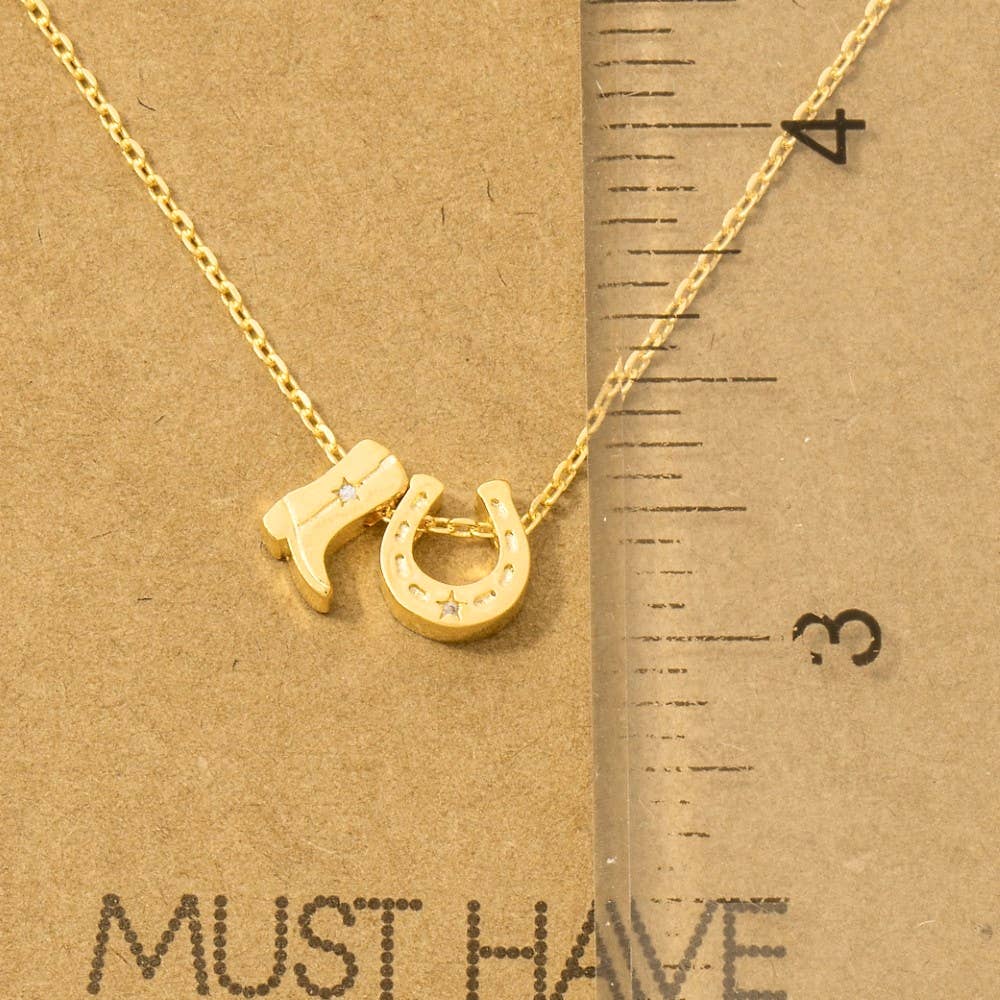 Gold Dipped Cowboy Boots Horse Shoe Charm Necklace