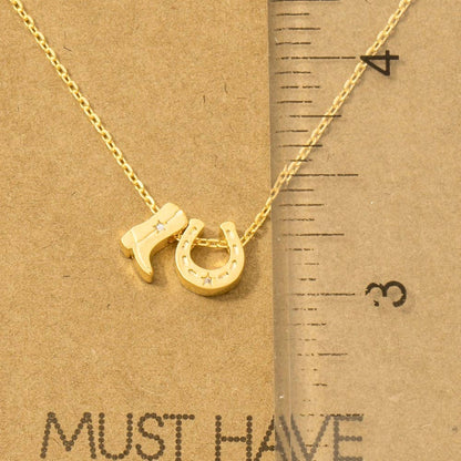Gold Dipped Cowboy Boots Horse Shoe Charm Necklace