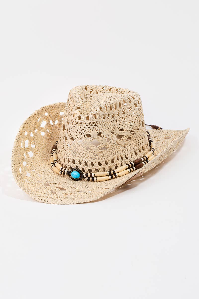 Straw Braided Beaded Strap Cowboy Hat