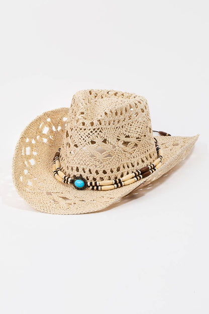 Straw Braided Beaded Strap Cowboy Hat