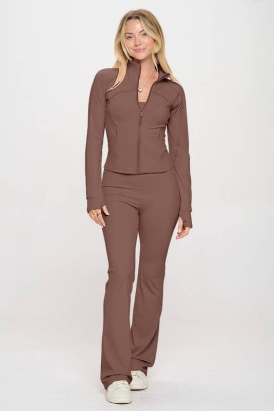 Solid  color active wear jacket with jumpsuit set