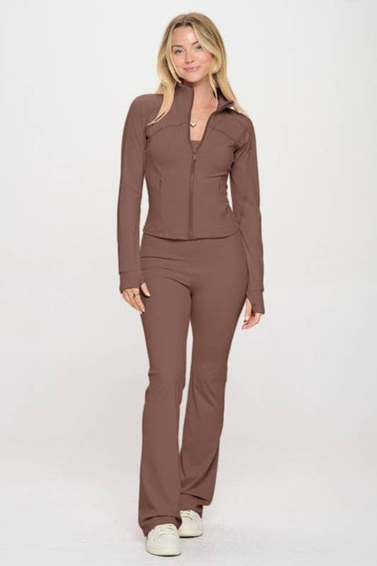 Solid  color active wear jacket with jumpsuit set