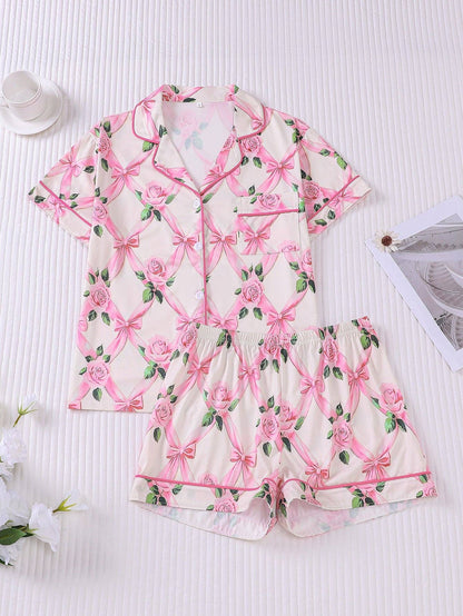 Feminine Bows & Rose Print Pajama Set