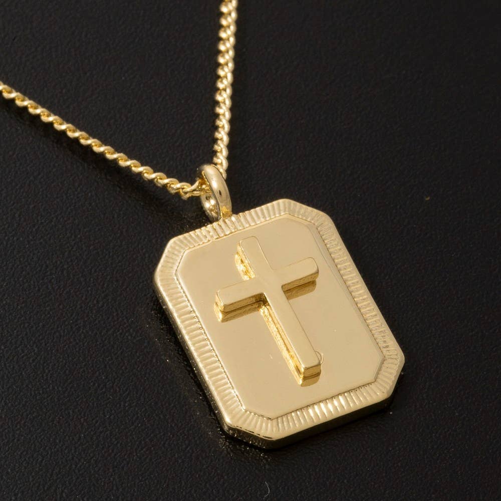 Gold Dipped Rectangle Frame Cross Pendant Necklace