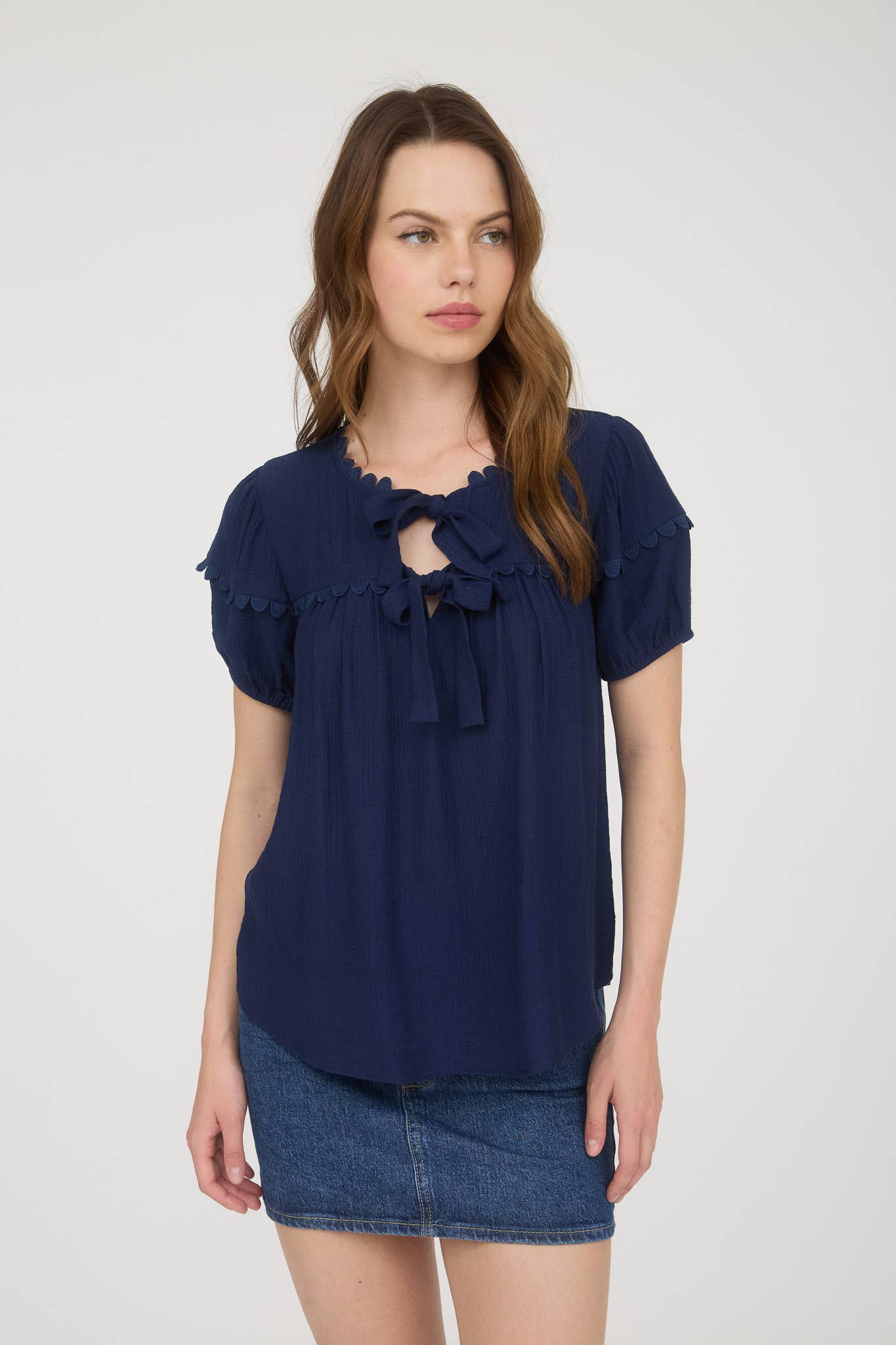 Hannah Scallop Tie Puff Sleeve Top