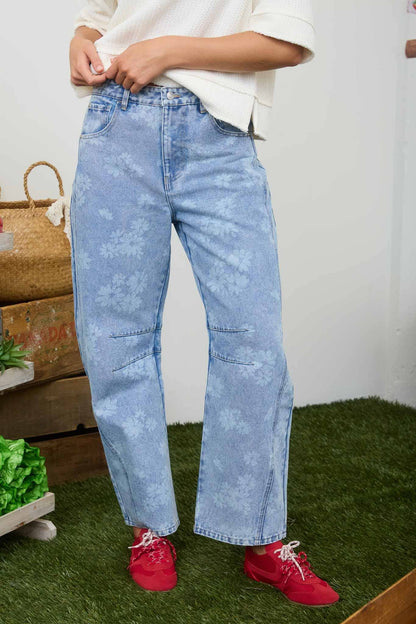 Bloom Washed Floral Barrel Jeans
