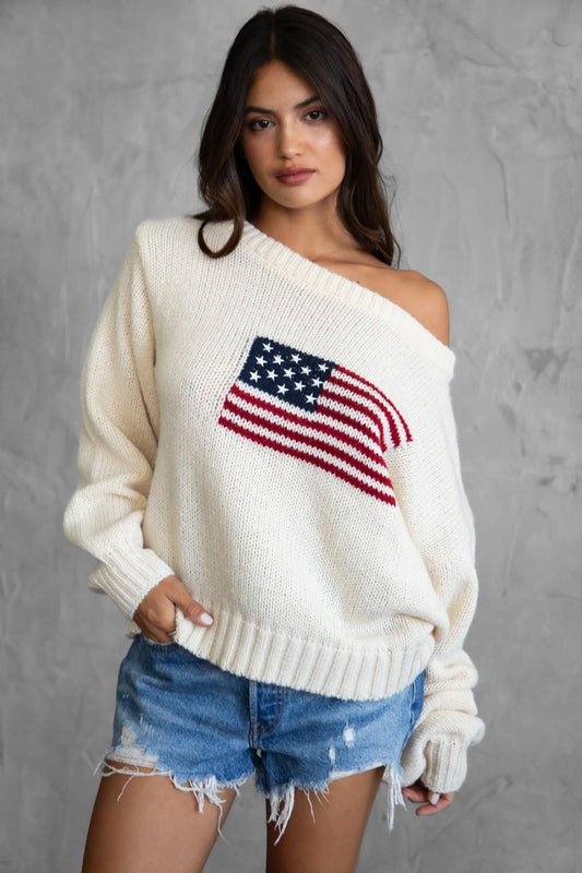 Preppy American Flag Knit Off The Shoulder Sweater