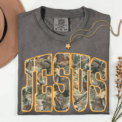 Jesus Christian Faith Green Tree Camo Comfort Colors Shirt