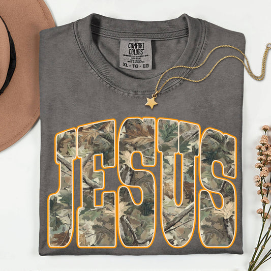 Jesus Christian Faith Green Tree Camo Comfort Colors Shirt