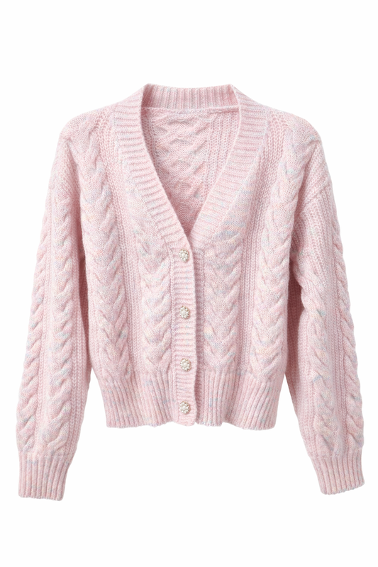 Joyful Threads Rainbow Button Cable Cardigan – Pink