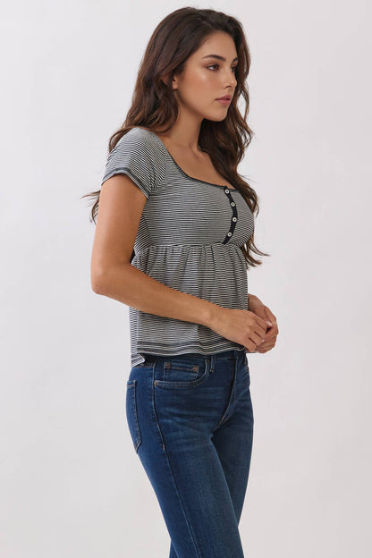 Graceful Stripes Babydoll Henley Tee