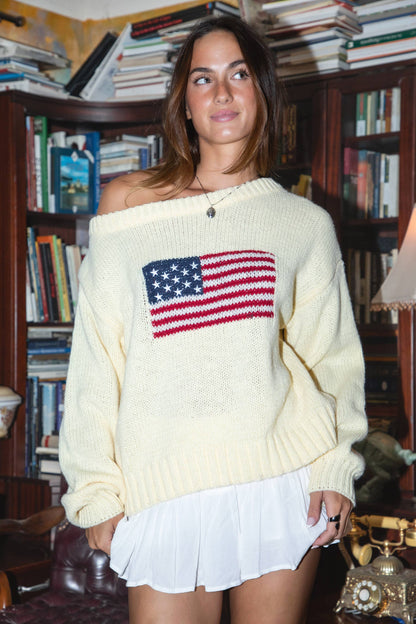 Preppy American Flag Knit Off The Shoulder Sweater