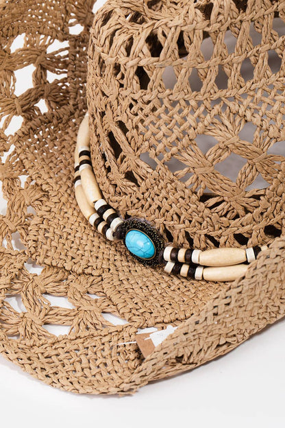 Straw Braided Beaded Strap Cowboy Hat
