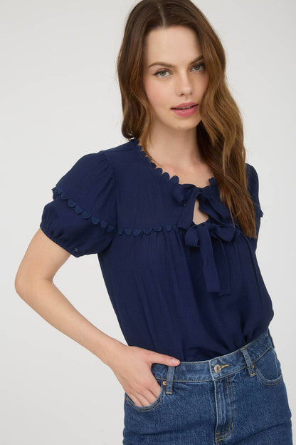 Hannah Scallop Tie Puff Sleeve Top