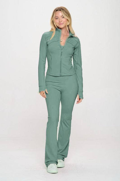Solid  color active wear jacket with jumpsuit set