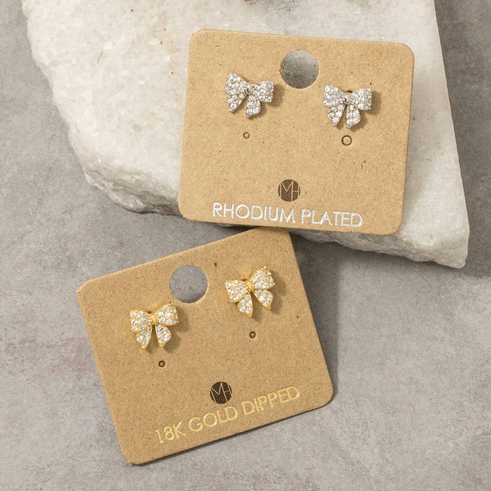 Gold Dipped Cz Pave Bow Ribbon Stud Earrings