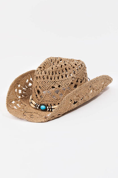 Straw Braided Beaded Strap Cowboy Hat