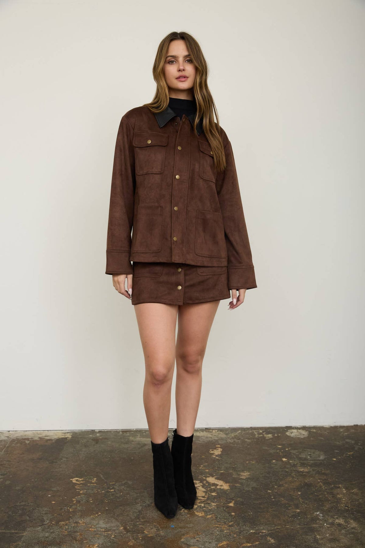 Esther Snap-Front Suede Mini Skirt