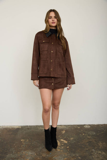 Esther Snap-Front Suede Mini Skirt