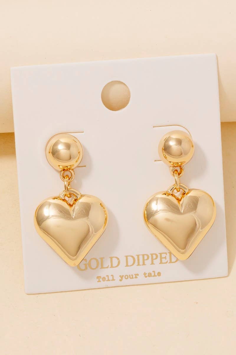 Gold Dipped Rounded Heart Dangle Earrings