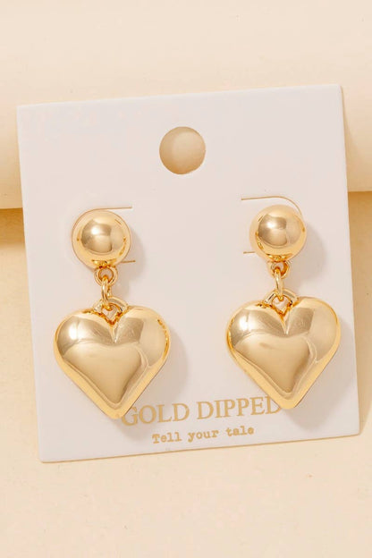 Gold Dipped Rounded Heart Dangle Earrings