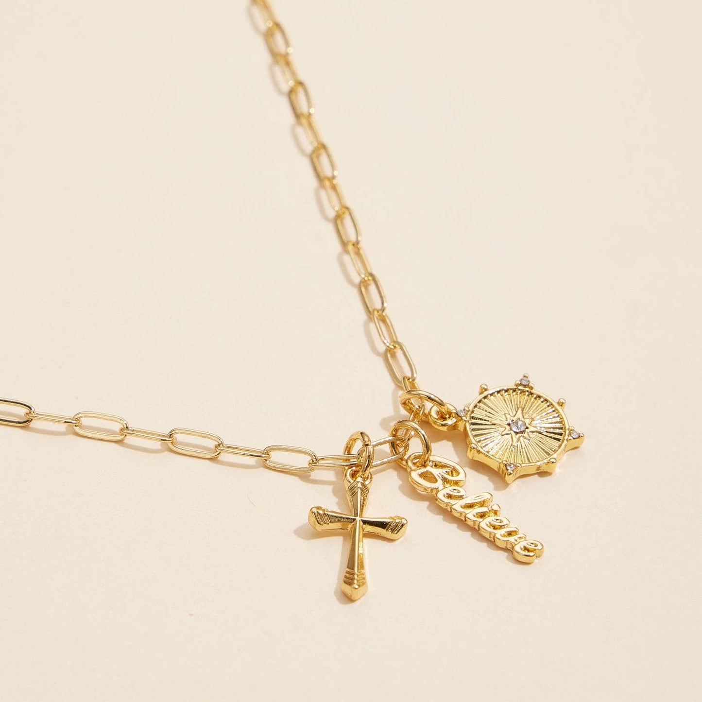 18K Gold Dipped Necklace | Cross, Believe, and Compass Charms