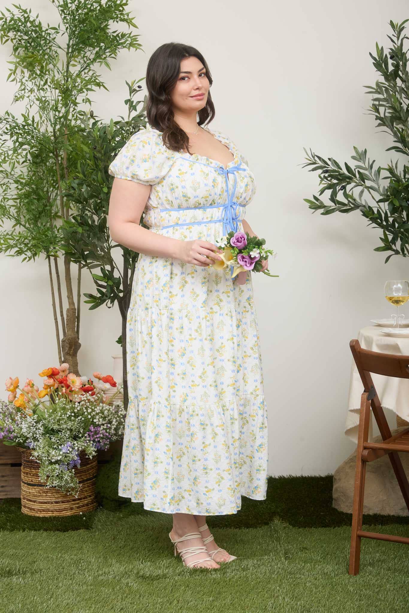 PLUS FLORAL TILE PRINT CONTRAST TIE DETAIL MIDI DRESS