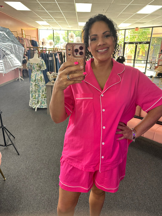 100%Cotton Hot Pink Short Sleeve Pajamas Set