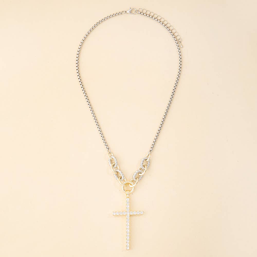 Two Tone Chain Necklace With Cz Cross Pendant