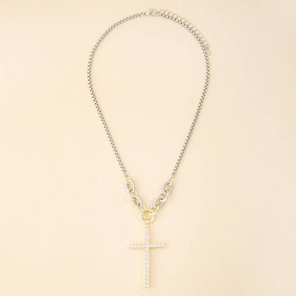 Two Tone Chain Necklace With Cz Cross Pendant