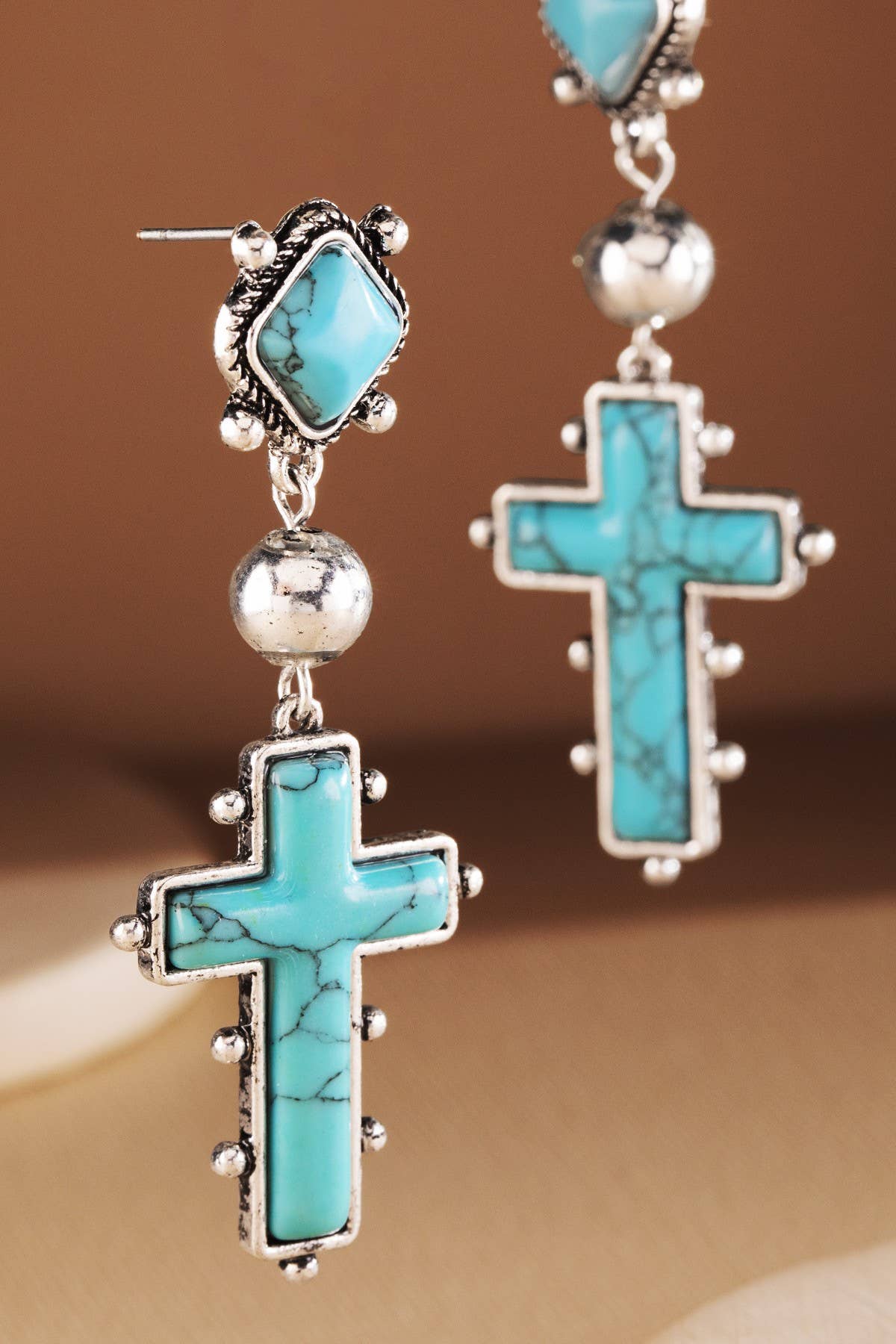 Western Hand Stone Dangle Cross Post Earrings