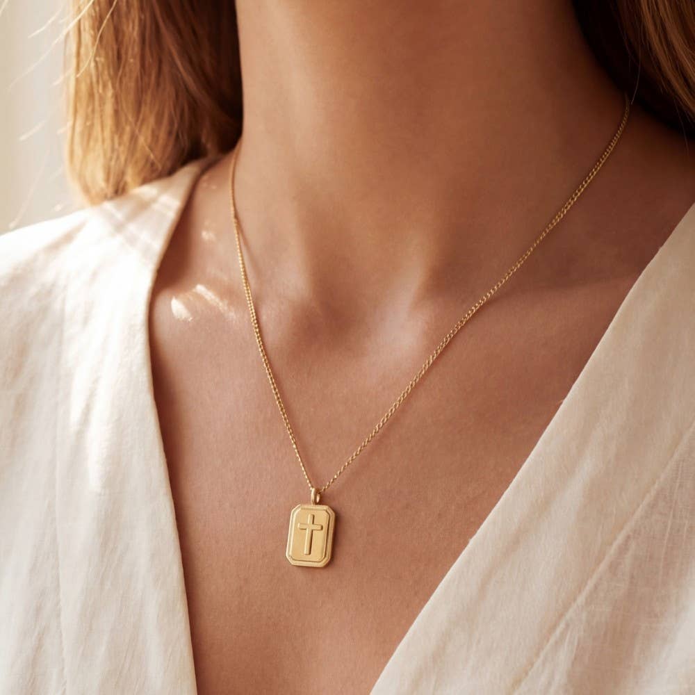 Gold Dipped Rectangle Frame Cross Pendant Necklace