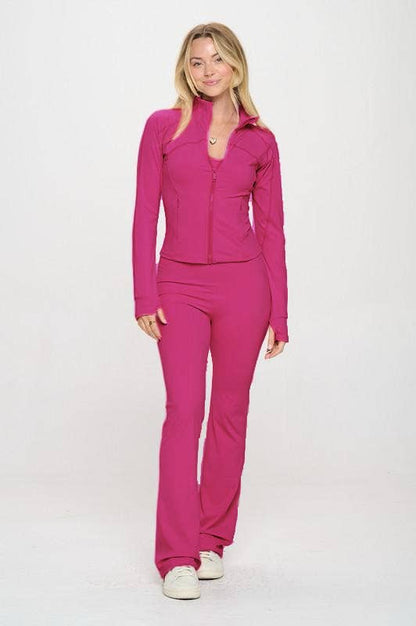 Solid  color active wear jacket with jumpsuit set