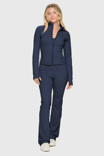 Solid  color active wear jacket with jumpsuit set