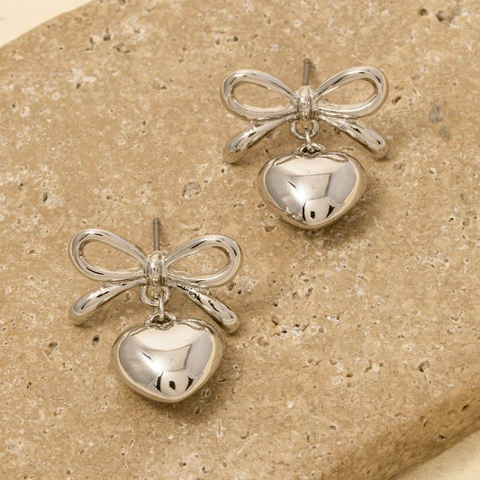 Metallic Ribbon Bow Heart Drop Earrings