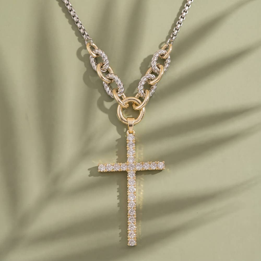 Two Tone Chain Necklace With Cz Cross Pendant