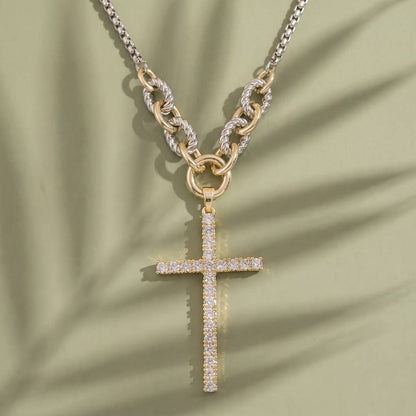 Two Tone Chain Necklace With Cz Cross Pendant
