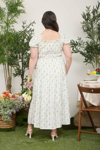 PLUS FLORAL TILE PRINT CONTRAST TIE DETAIL MIDI DRESS