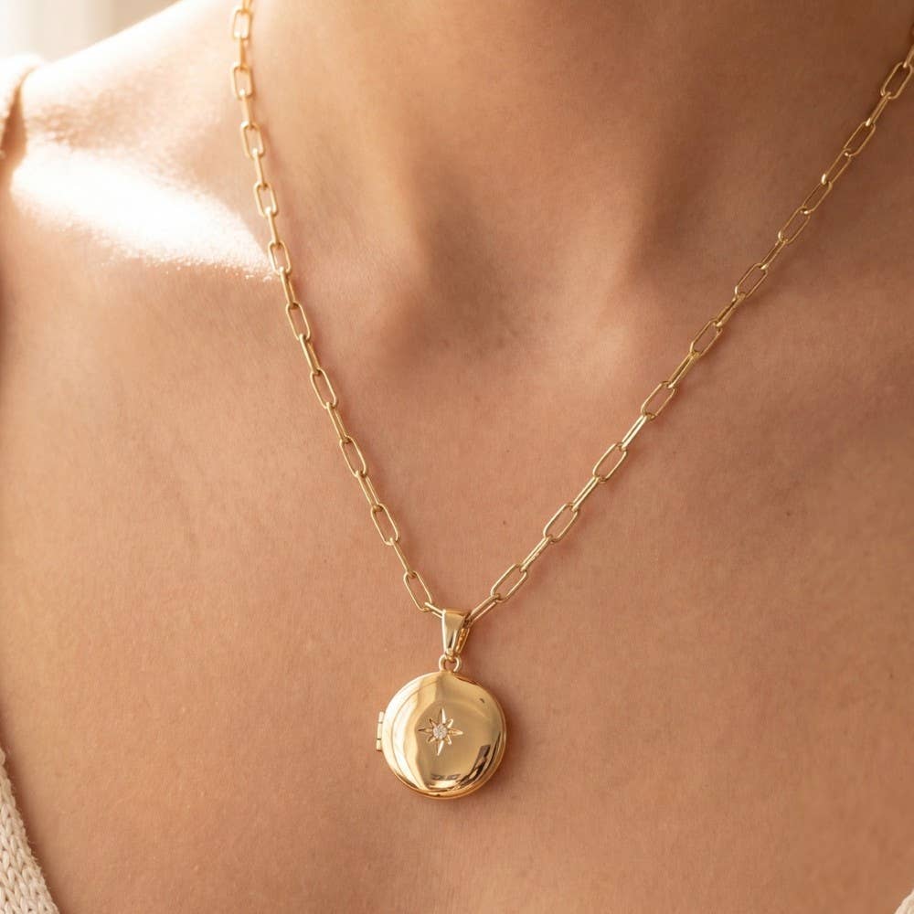 14K Gold Dipped Cz Starburst Locket Necklace