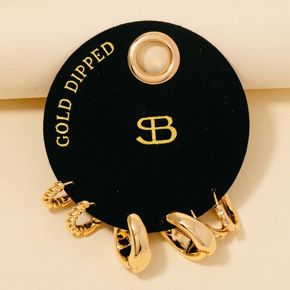 Secret Box Gold Dipped 3 Pair Hinge Hoop Earrings Set