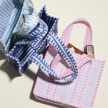 Pink Shell Quilted Mini Tote Bag – Lightweight Floral Striped Everyday Handbag
