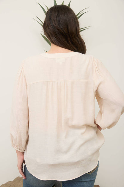 FRONT TIE PLEATED FRONT 3/4 SLEEVE TOP