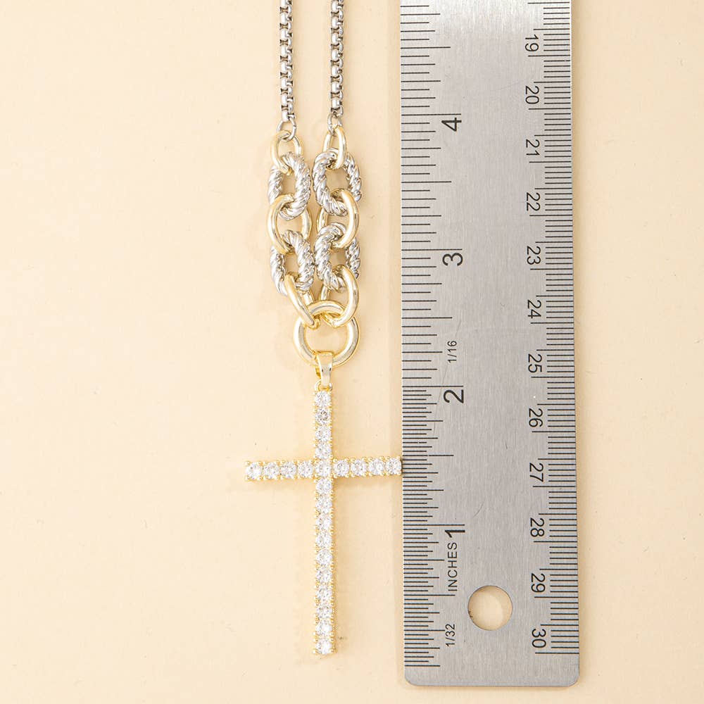 Two Tone Chain Necklace With Cz Cross Pendant