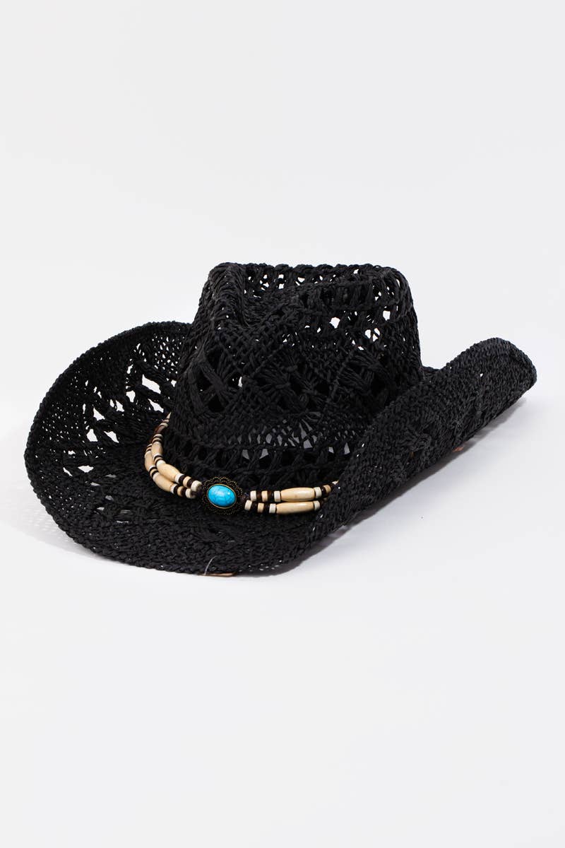 Straw Braided Beaded Strap Cowboy Hat