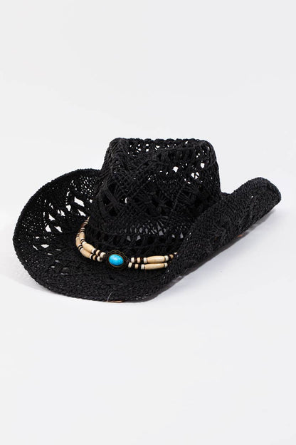 Straw Braided Beaded Strap Cowboy Hat