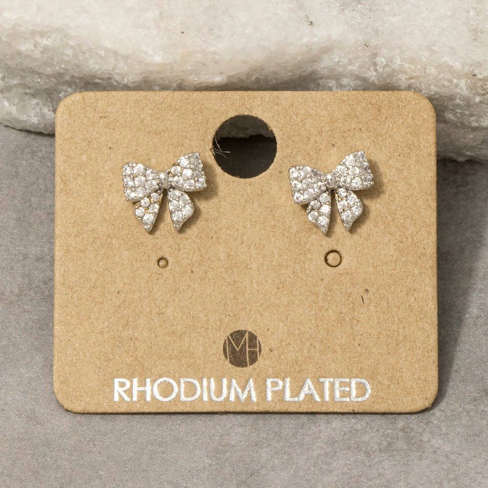 Gold Dipped Cz Pave Bow Ribbon Stud Earrings