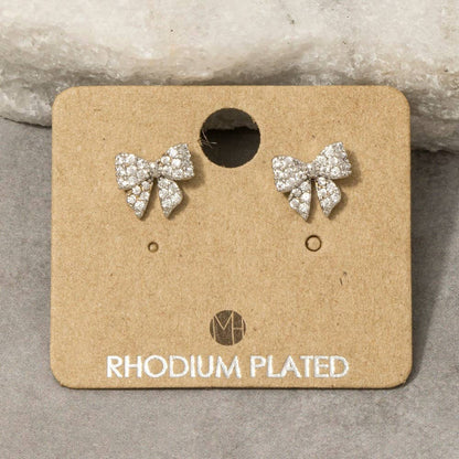 Gold Dipped Cz Pave Bow Ribbon Stud Earrings
